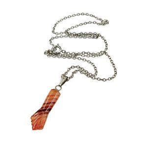 Vintage Striped Agate Mano Figa Pendant Necklace Genuine Stone Silver Tone Chain